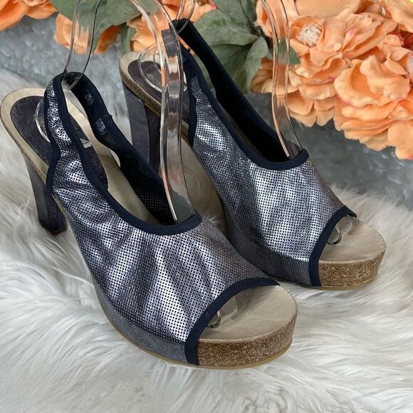 Vintage Donald Pliner Blue Metallic Stretchy Slingback Heels Size 8 - Picture 2 of 11